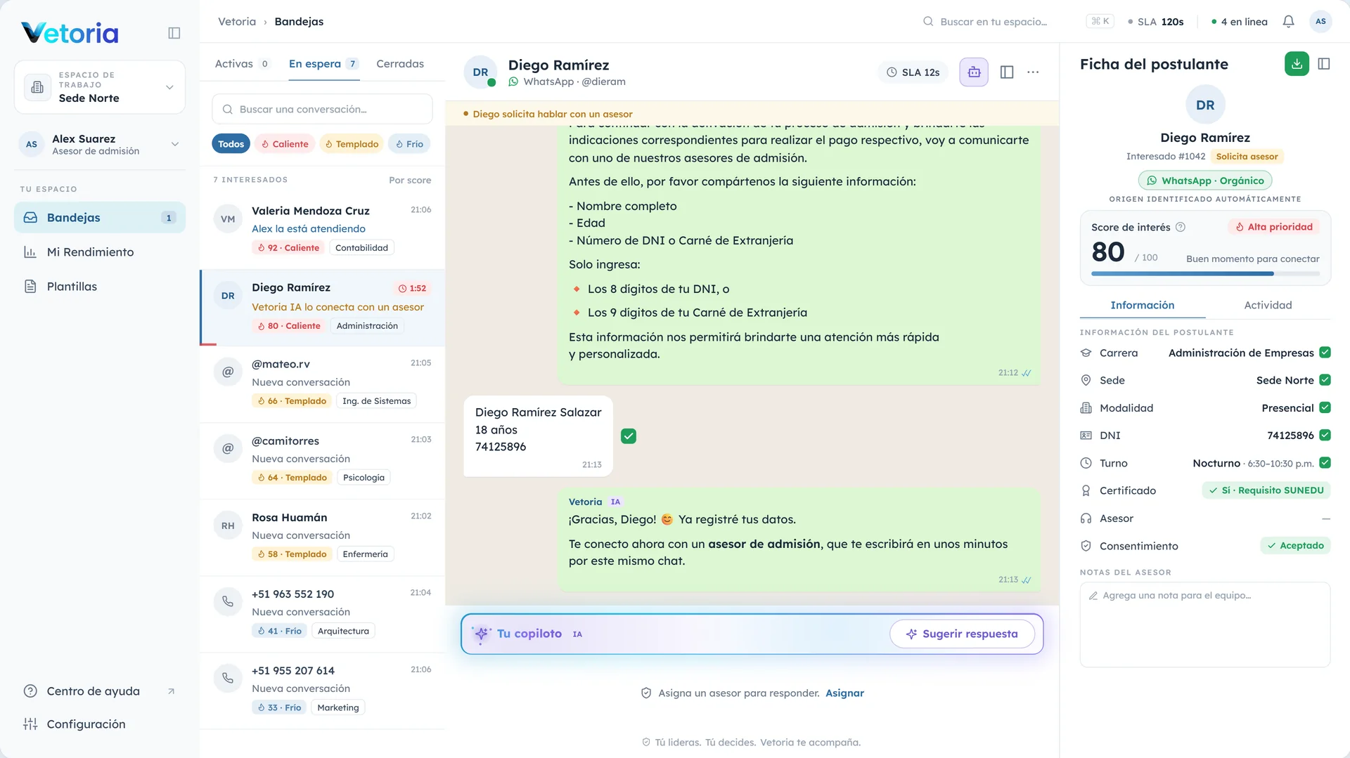 CRM de Vetoria con el perfil y score de una interesada